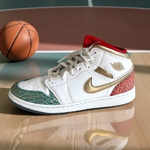 Nike Air Jordan 1 Mid UNC to Chicago Kid Exclusive Sneakers White Gold Red Blue